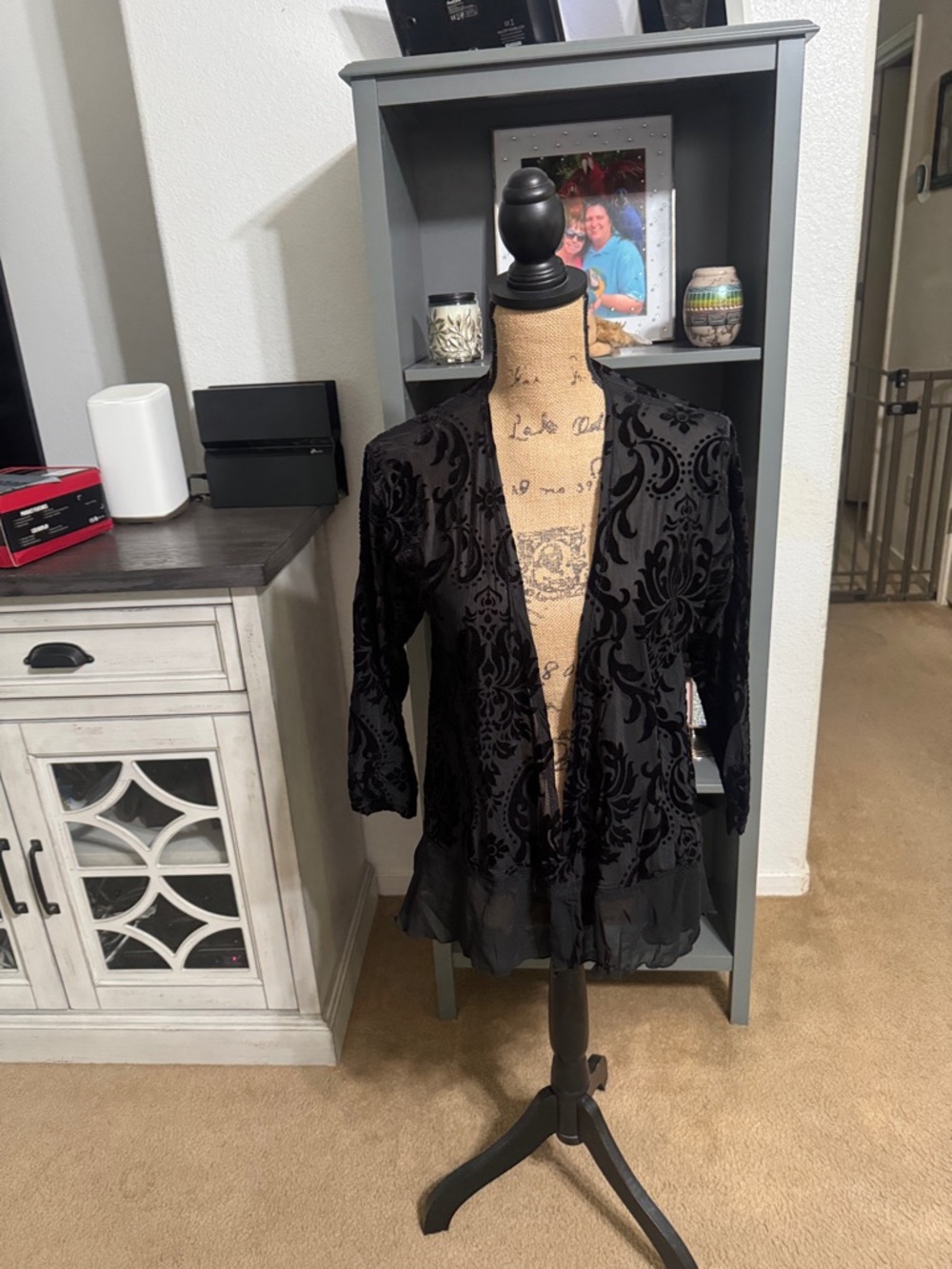 Maurices Black Velvet Burnout Open Front Jacket with Sheer Hem Size M